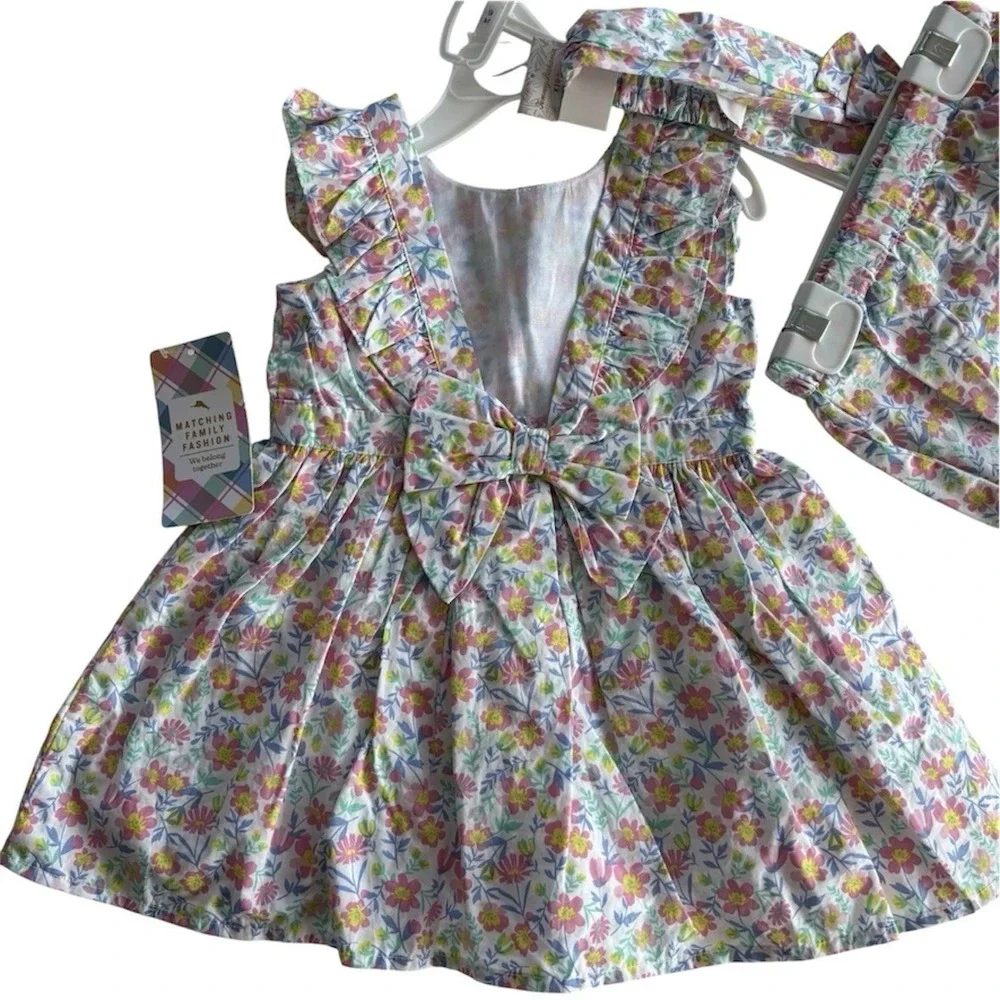 Tommy Bahama Floral 3‎ Piece Pinafore Dress Set Headband Bloomers Baby Girl 6-9M